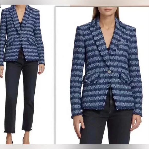 $698 Veronica Beard Cutaway Dickey Jacket Blazer blue luxe fringe trim tweed 8 - Picture 5 of 16